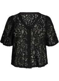 Kanten blouse met korte mouwen en V-hals, Zwart