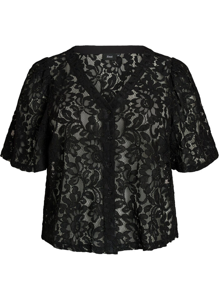 Kanten blouse met korte mouwen en V-hals, Zwart, Packshot image number 0