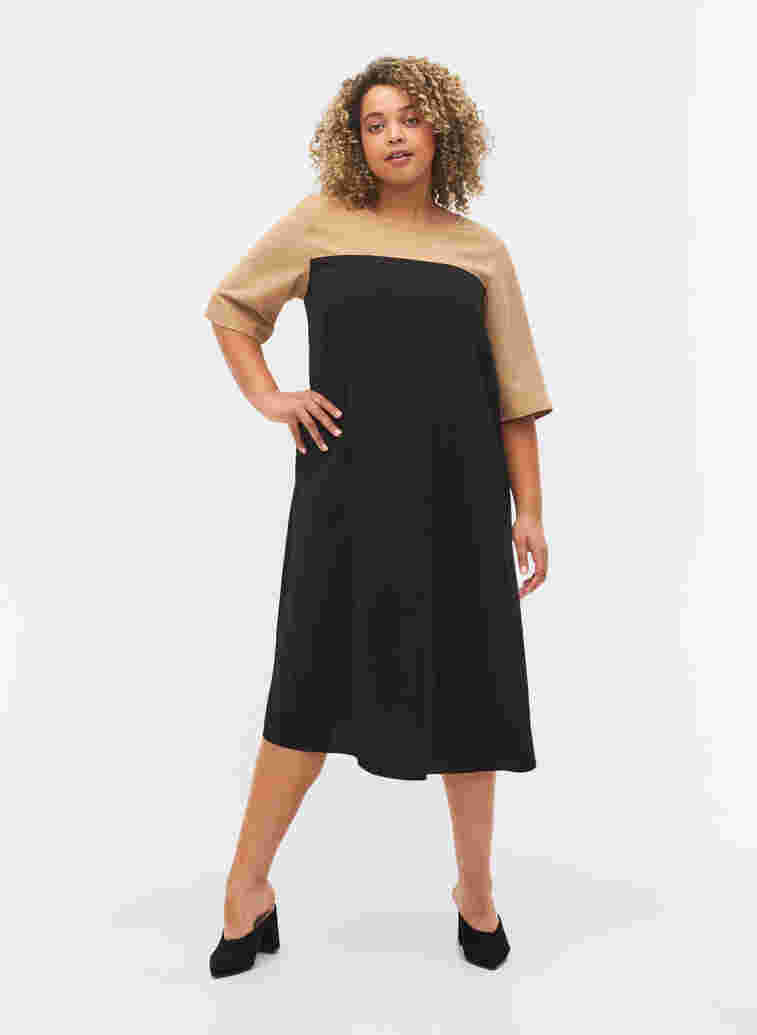 Viscose midi-jurk met colour-block, Black Comb, Model image number 2