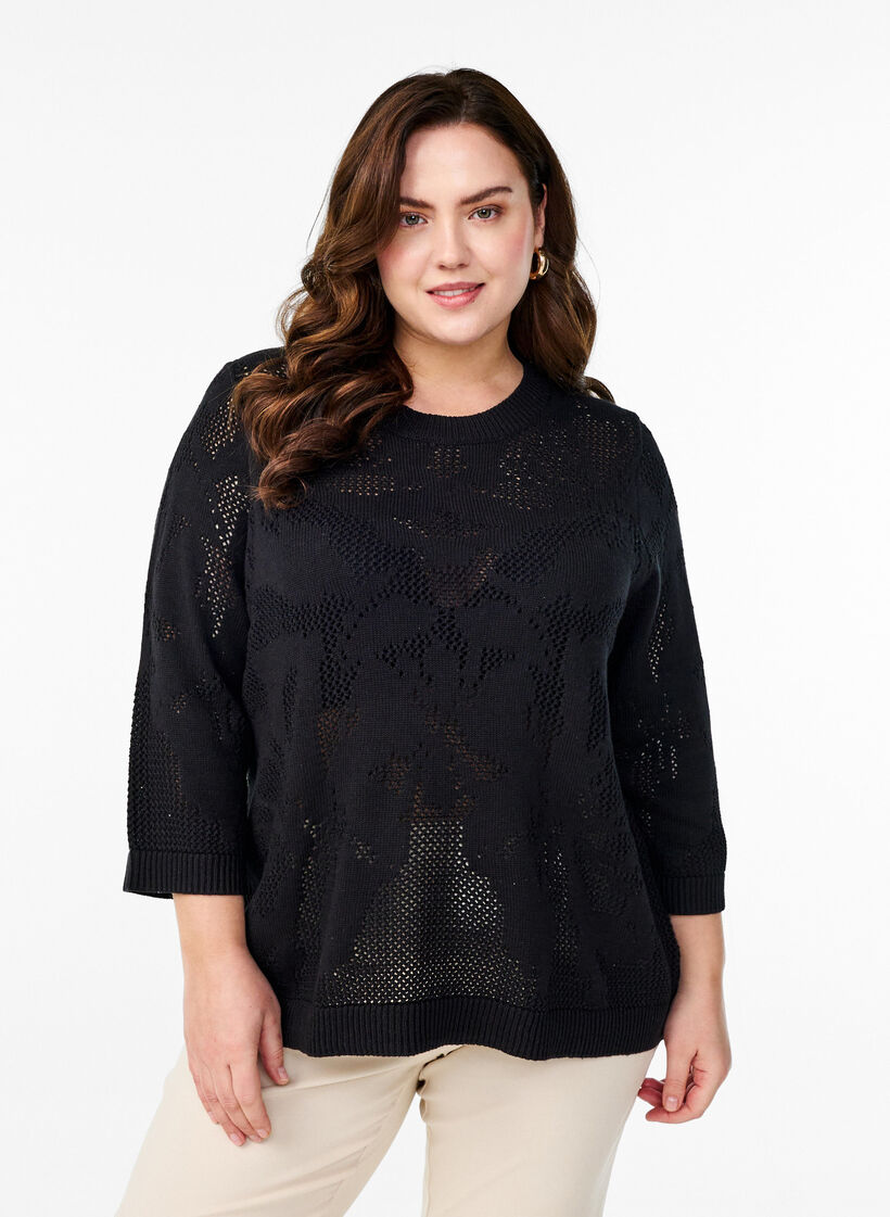 Gebreide blouse met een opengewerkt patroon en 3/4 mouwen, Black, Model image number 0