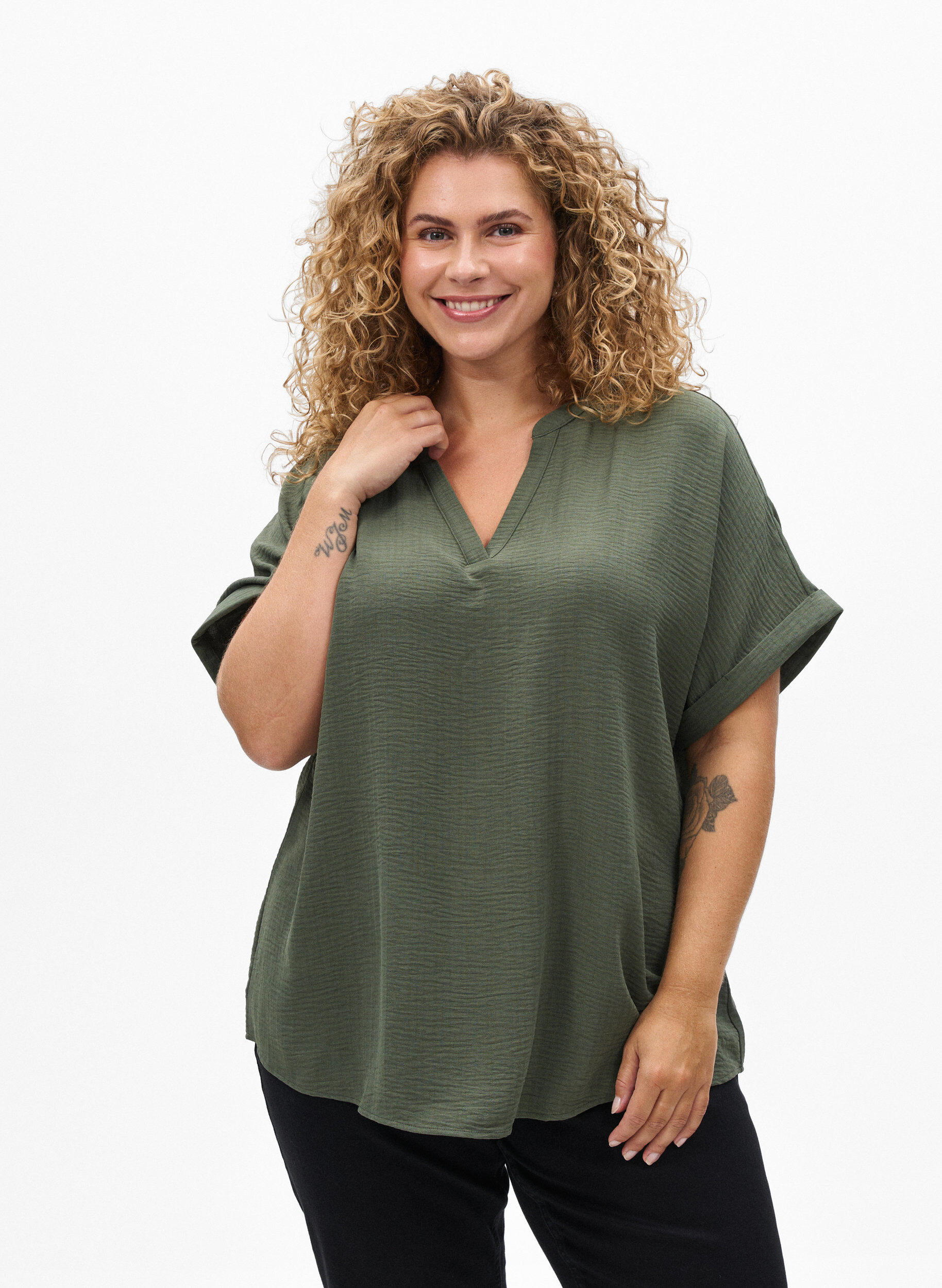 Zizzi Luchtige blouse met korte mouwen, Groen, Model image number 0