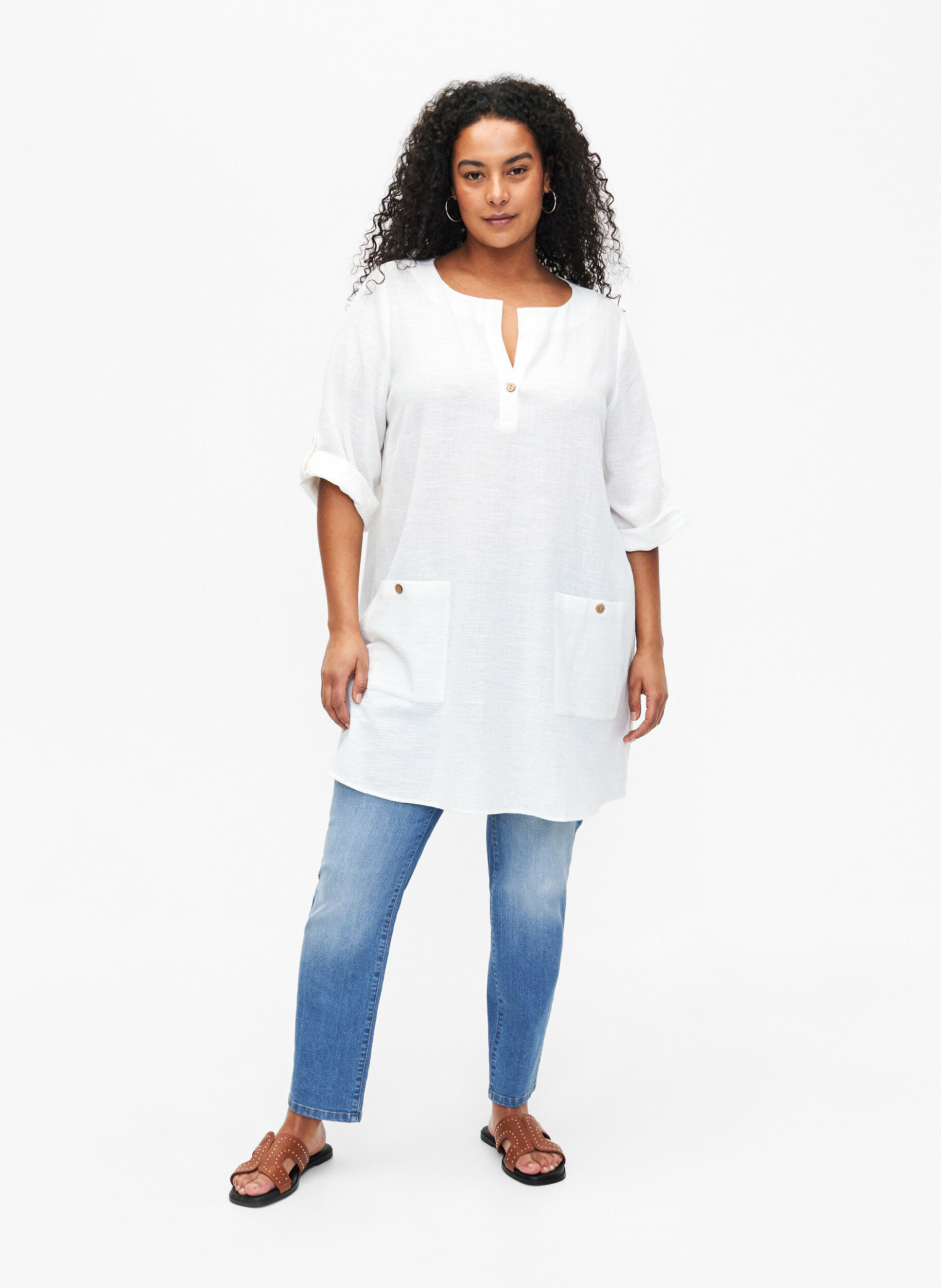 Zizzi Tuniek met 3/4 mouwen van katoenmix en linnen, Off-White, Model image number 2