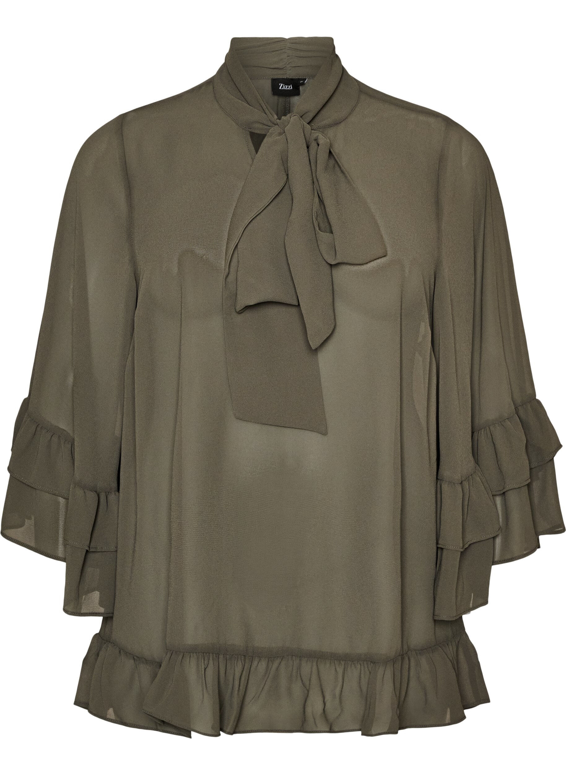ZizziBlouse met striklint en ruches, Grijs, Packshot image number 0