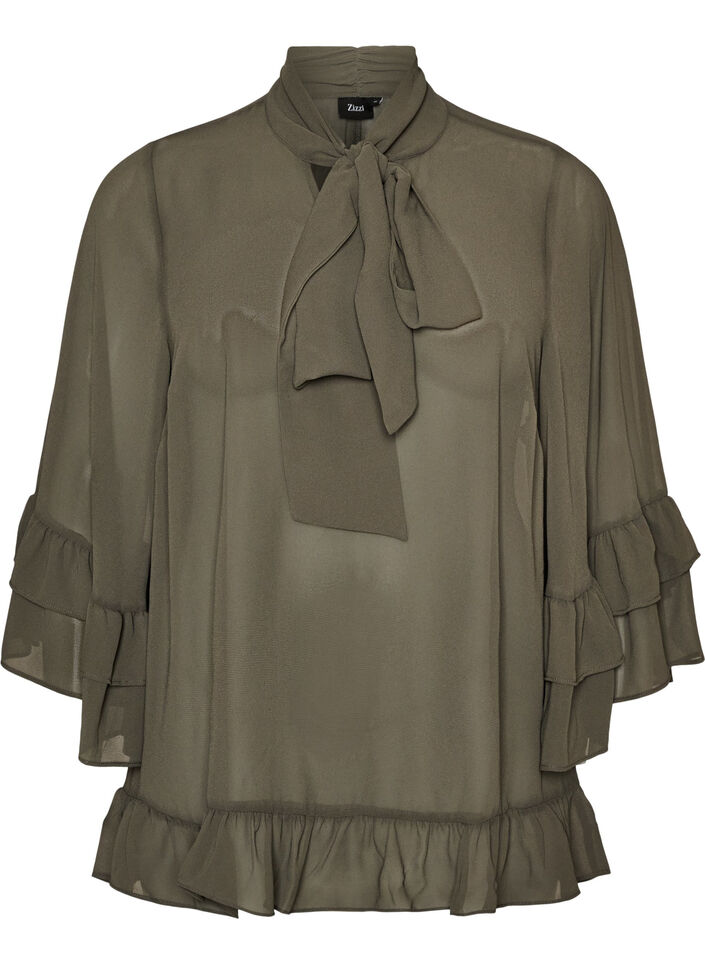 Blouse met striklint en ruches, Grijs, Packshot image number 0
