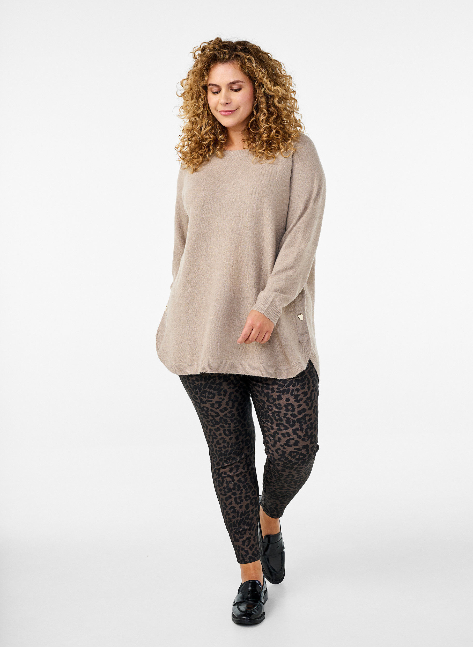 Zizzi Gecoate leggings met luipaardprint en gecropte lengte, Bruin, Model image number 1