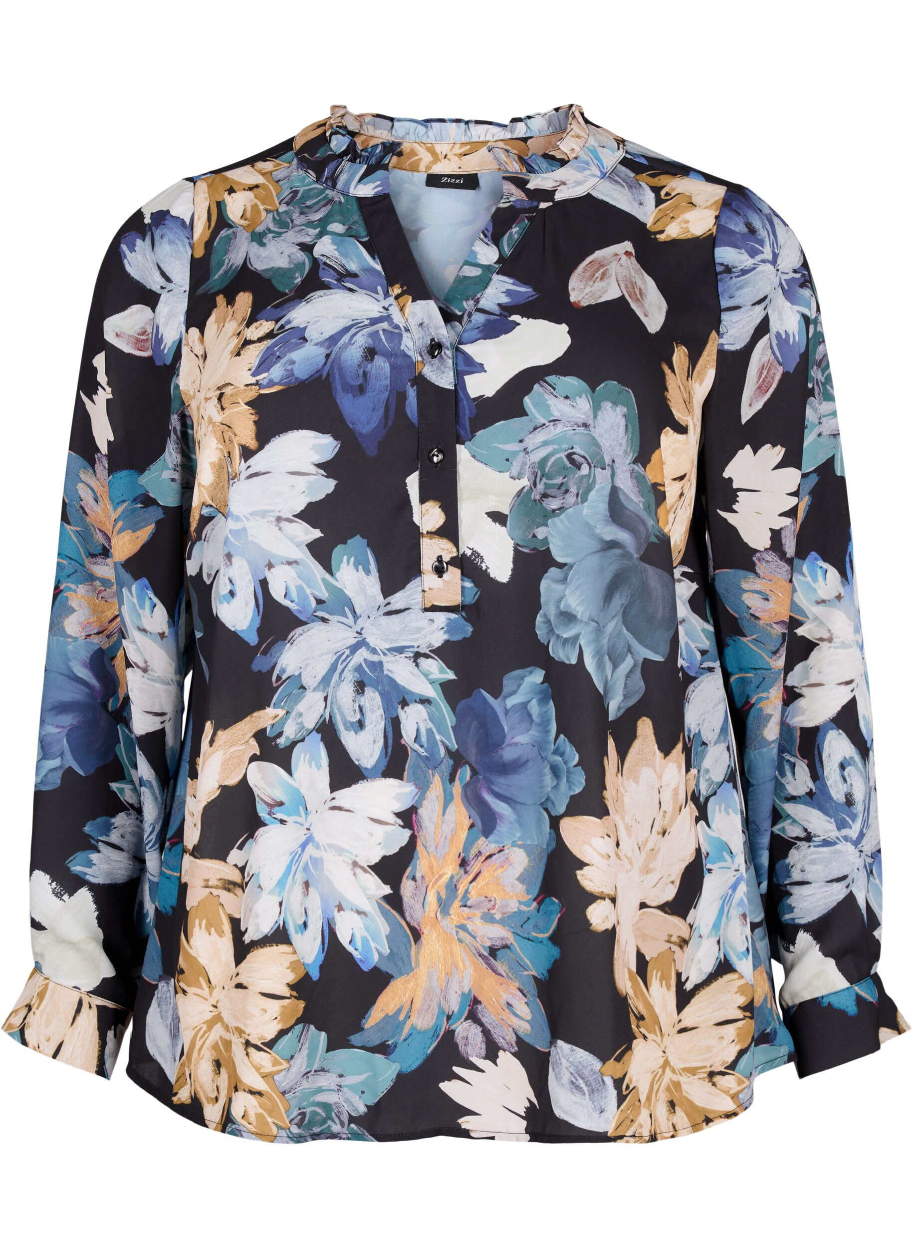 Zizzi Blouse met lange mouwen en bloemenprint, Yellow Flower AOP, Packshot image number 0