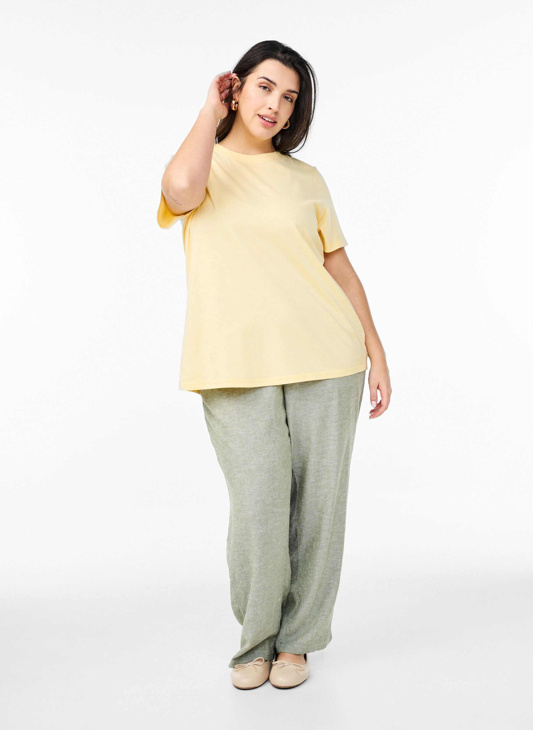 ZizziBasic katoenen T-shirt met ronde hals, Geel, Model image number 1