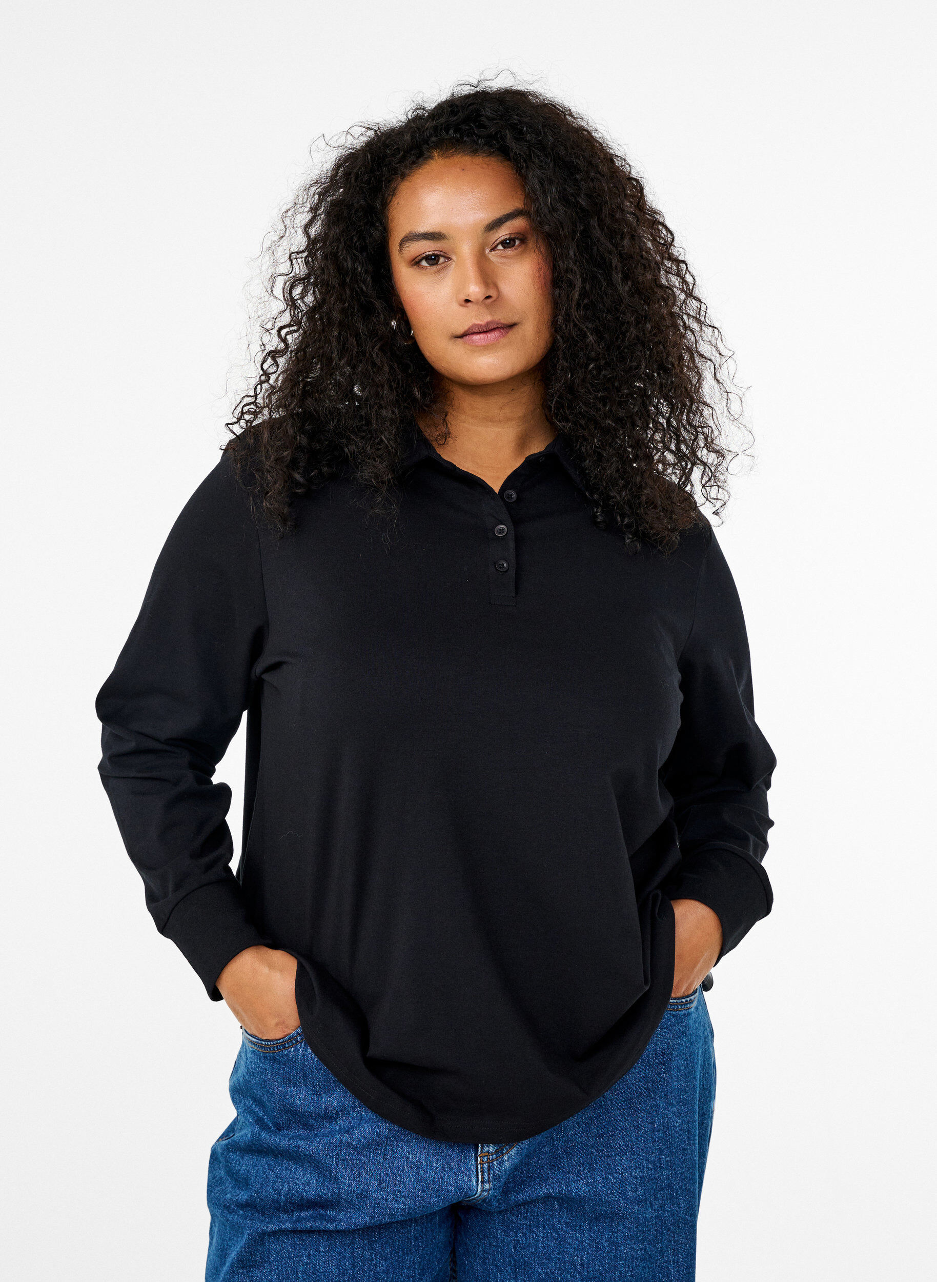 Zizzi Polo met lange mouwen, Zwart, Model image number 0