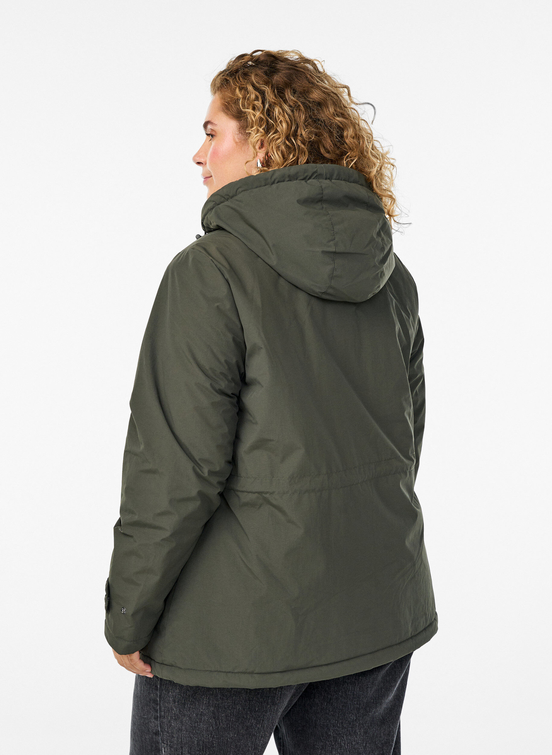 Zizzi Lichtgewicht gewatteerde parka met teddy gevoerde capuchon, Groen, Model image number 2