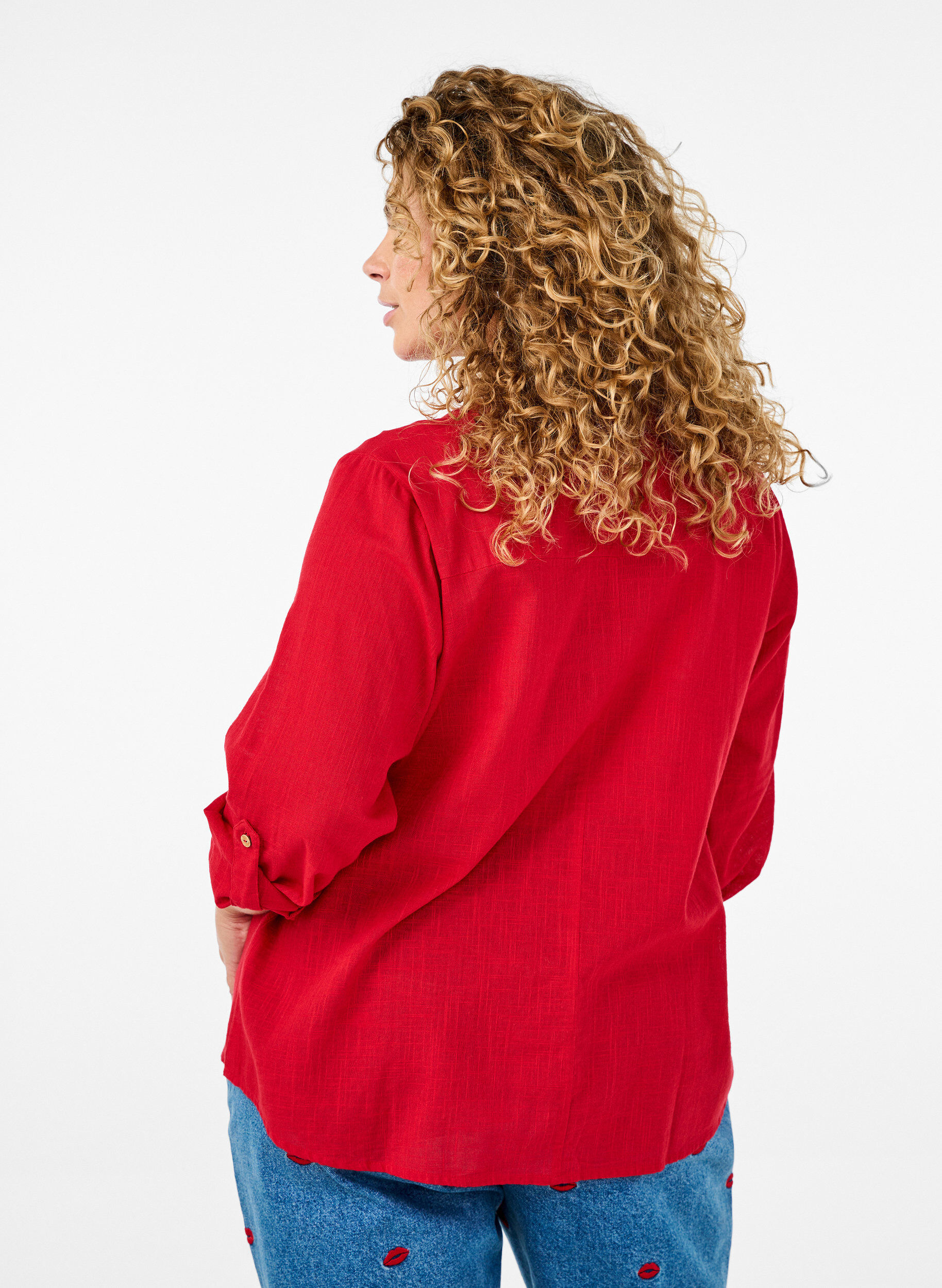 Zizzi Katoenen blouse met een V-hals, Rood, Model image number 2