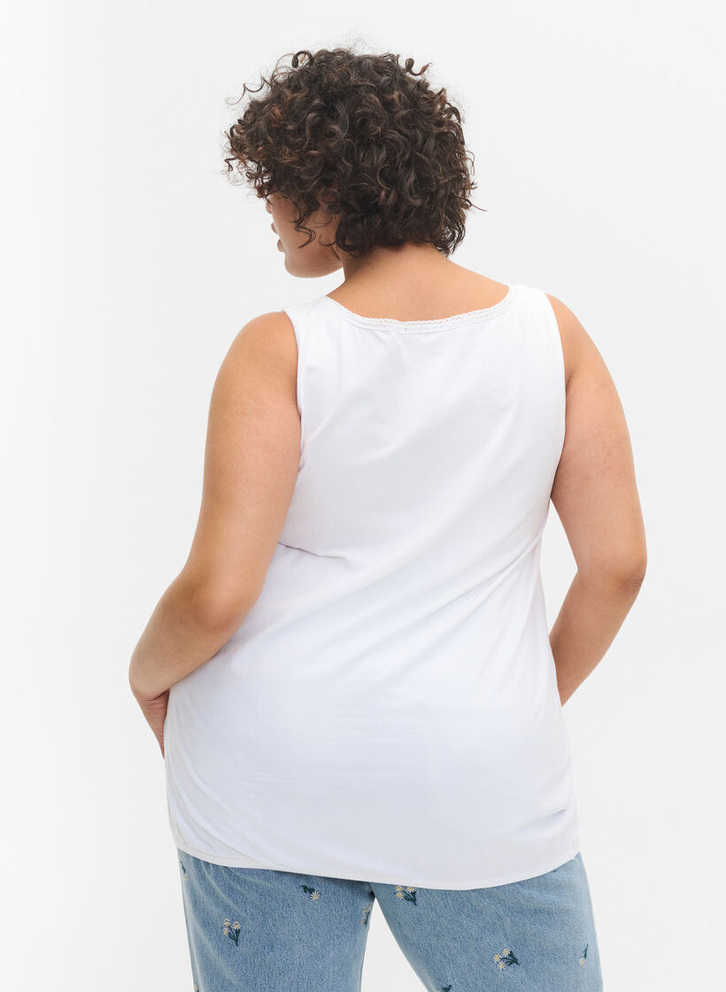 Katoenen top met ronde hals en kanten rand, Bright White, Model image number 1