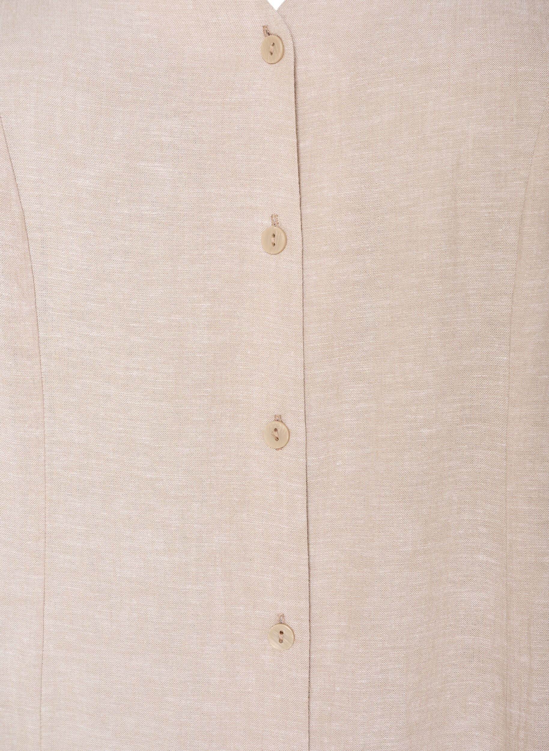 Zizzi Midi jurk in linnen en viscose met ruchesmouwen, Beige, Packshot image number 2