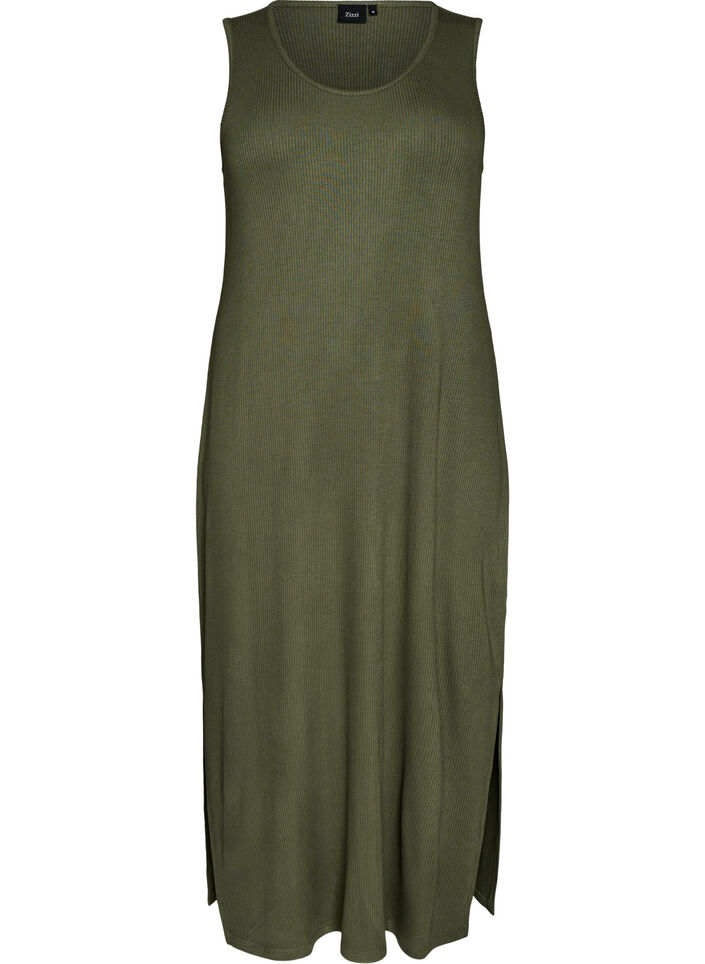 Mouwloze ribjurk van viscose, Groen, Packshot image number 0