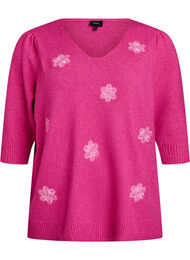 Gebreide blouse met geborduurde bloemen, R. Rose Mel. Comb