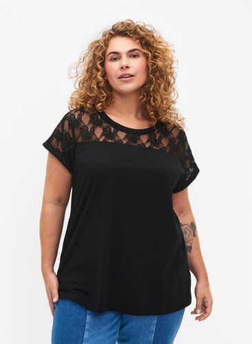 Katoenen t-shirt met korte mouwen en kant, Black, Model image number 0