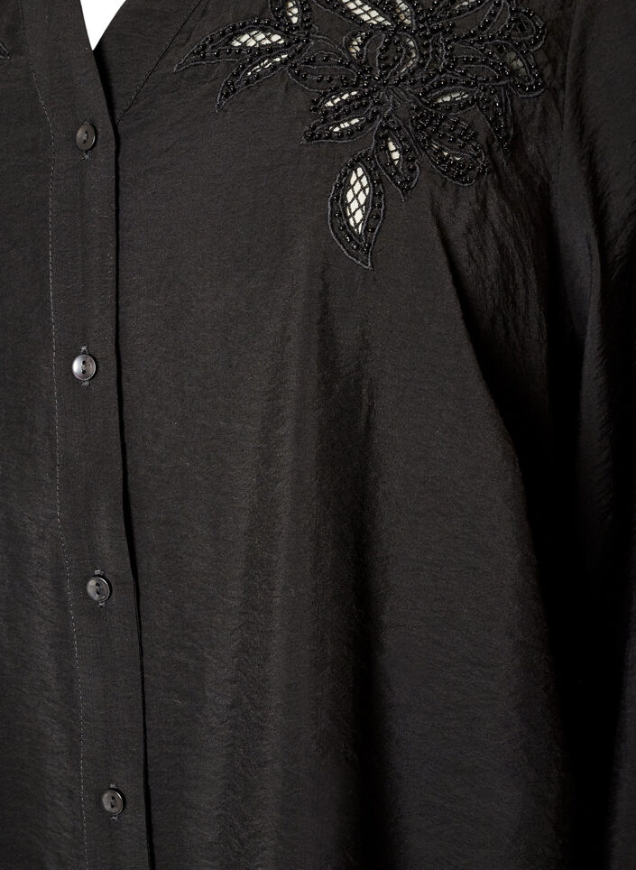 Shirtblouse met geborduurde bloemapplicaties, Zwart, Packshot image number 2