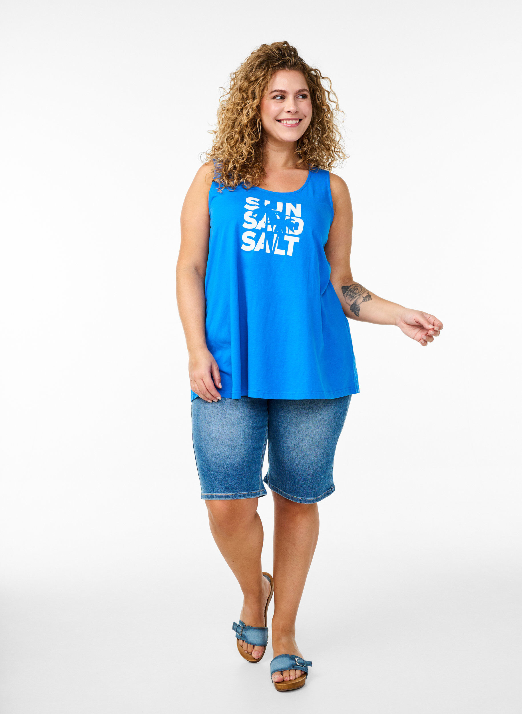 Zizzi Katoenen top met a-vorm, Blauw, Model image number 1