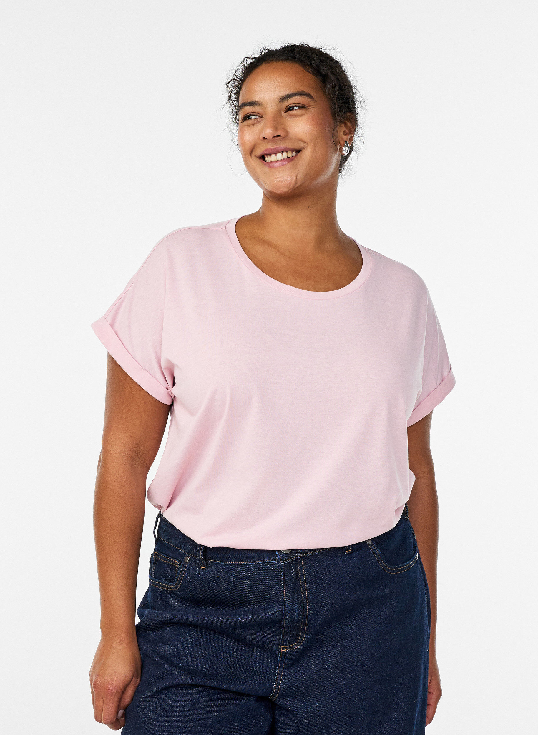 T-shirt met korte mouwen van katoenmix, Roze, Model