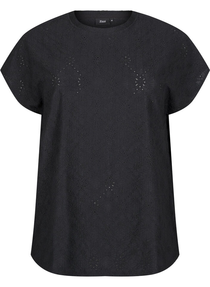 Blouse met korte mouwen en bloemenborduursel, Black, Packshot image number 0
