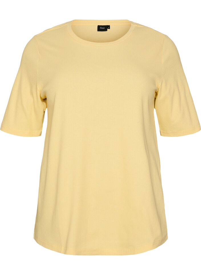 Geribde jersey blouse met korte mouwen, Geel, Packshot image number 0