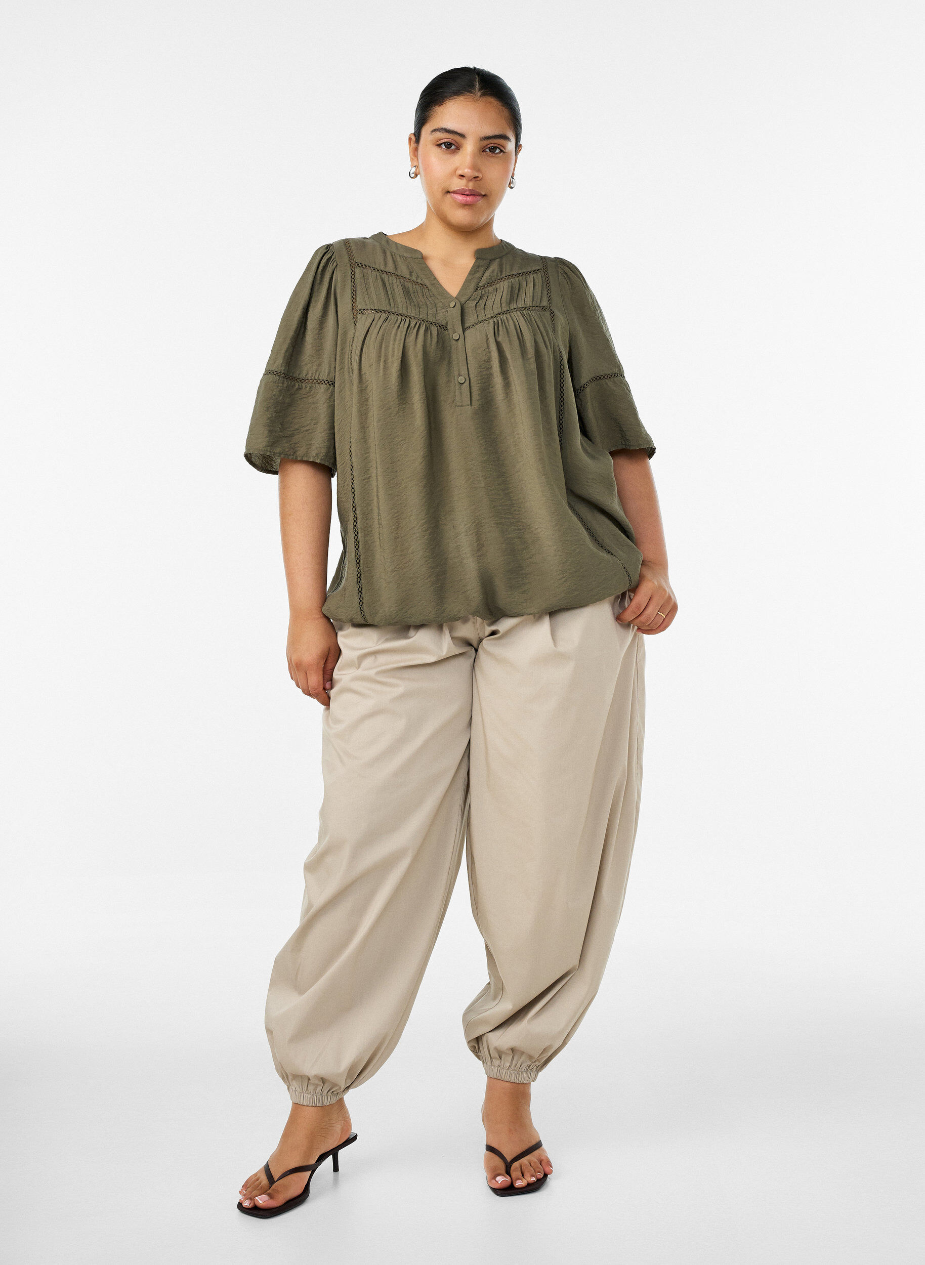 ZizziViscose blouse met plooien en balloneffect, Groen, Model image number 1