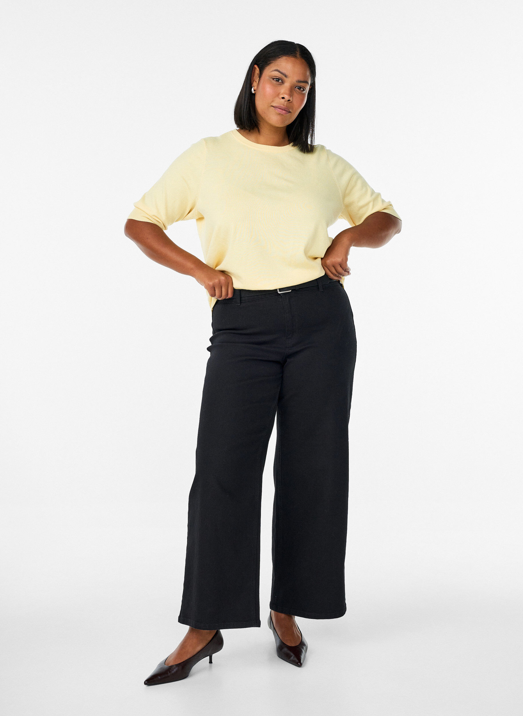 ZizziFijngebreide blouse met korte mouwen, Geel, Model image number 1