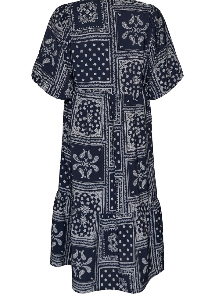Enkel-lange jurk in viscose met paisleyprint en korte mouwen, Blauw, Packshot image number 1