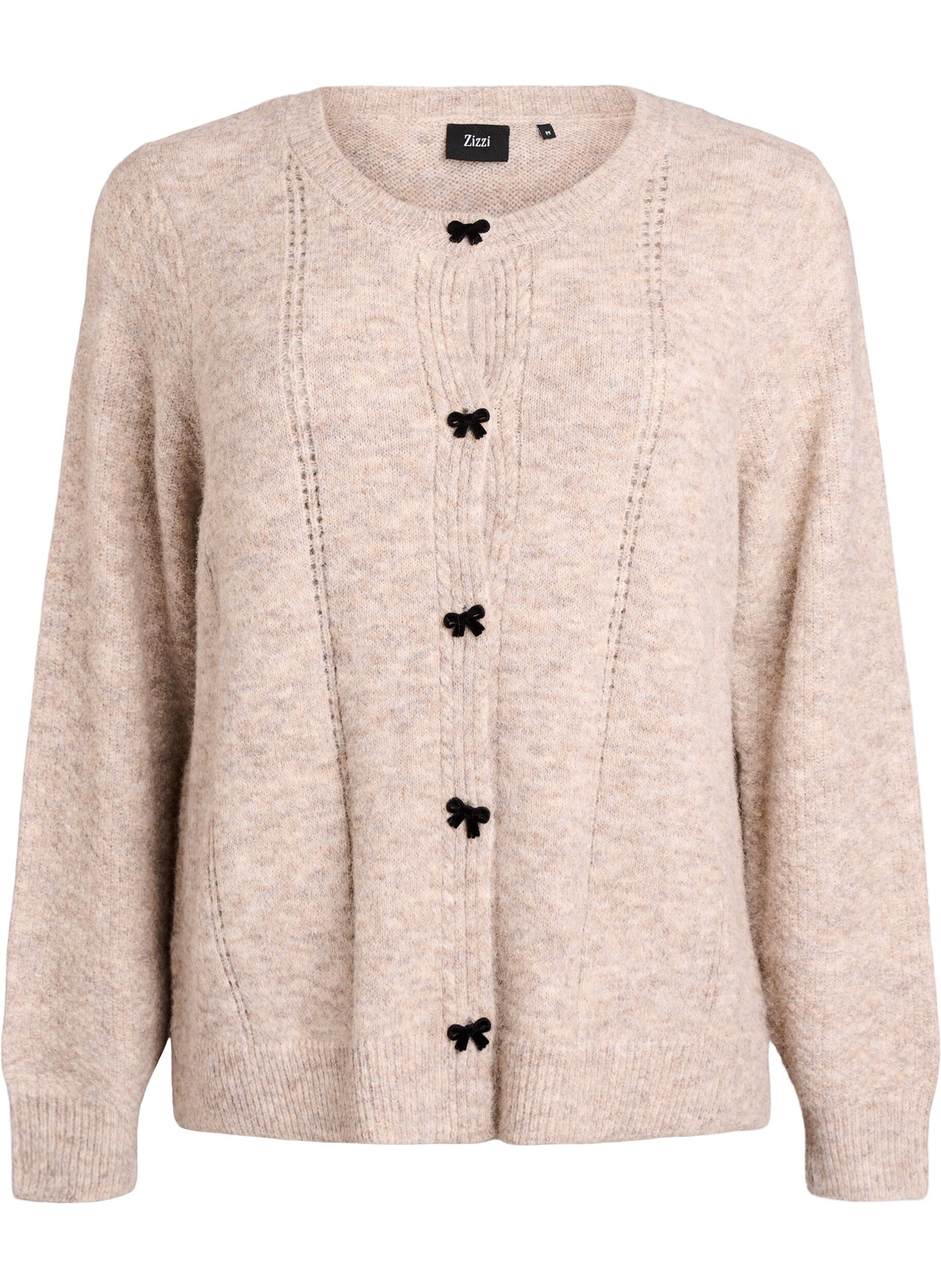 ZizziCardigan met strikknopen en opengewerkt patroon, Beige, Packshot image number 0