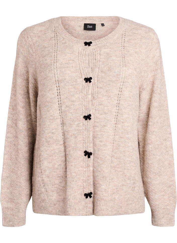 Cardigan met strikknopen en opengewerkt patroon, Beige, Packshot image number 0