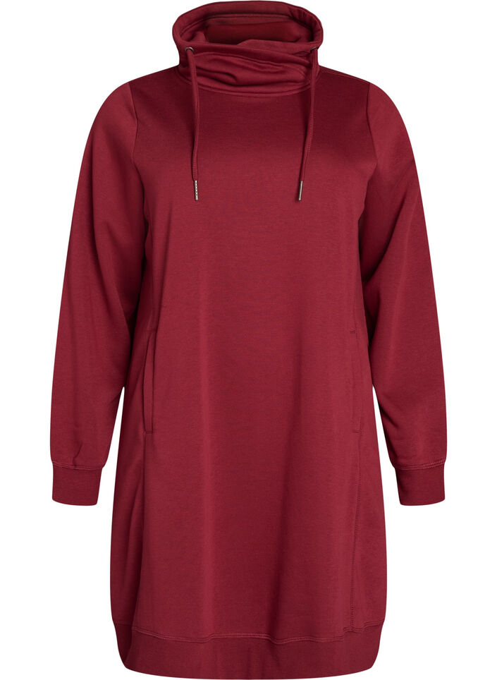 Kort sweatshirt jurk met hoge kraag en zakken, Rood, Packshot image number 0
