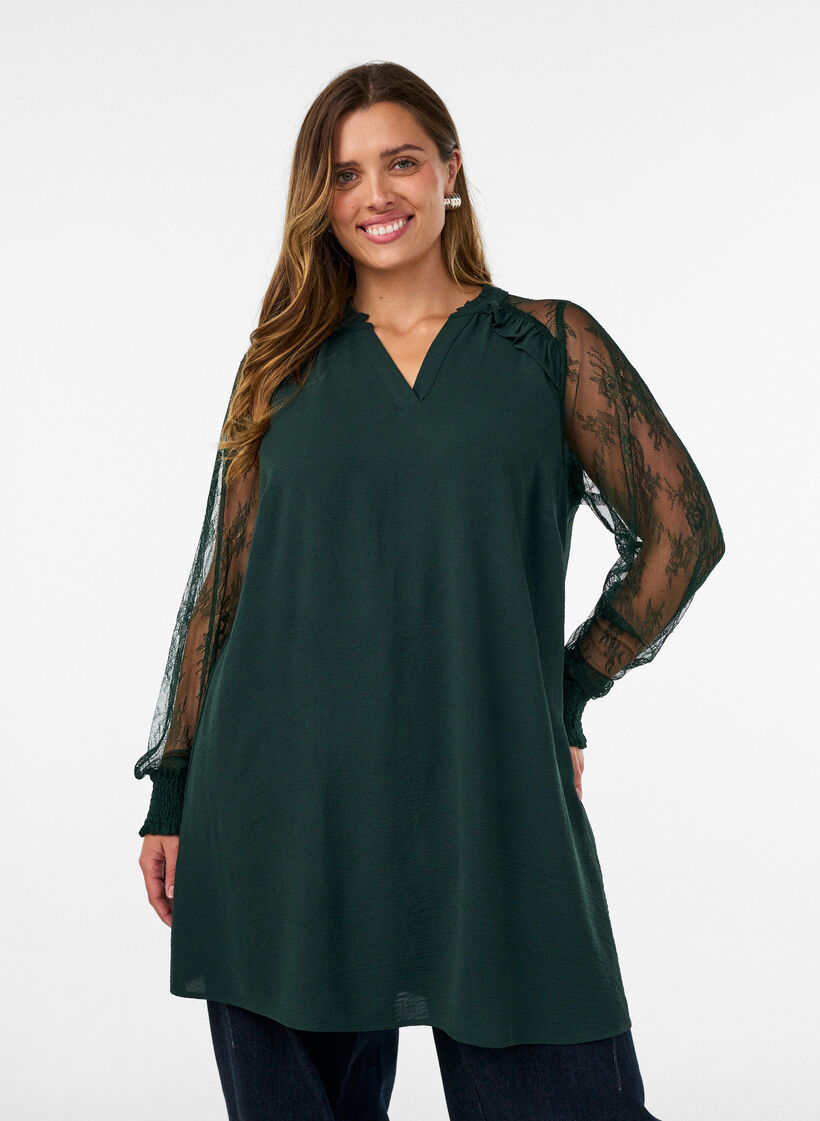 Tuniek met doorschijnende kanten mouwen, Groen, Model image number 0