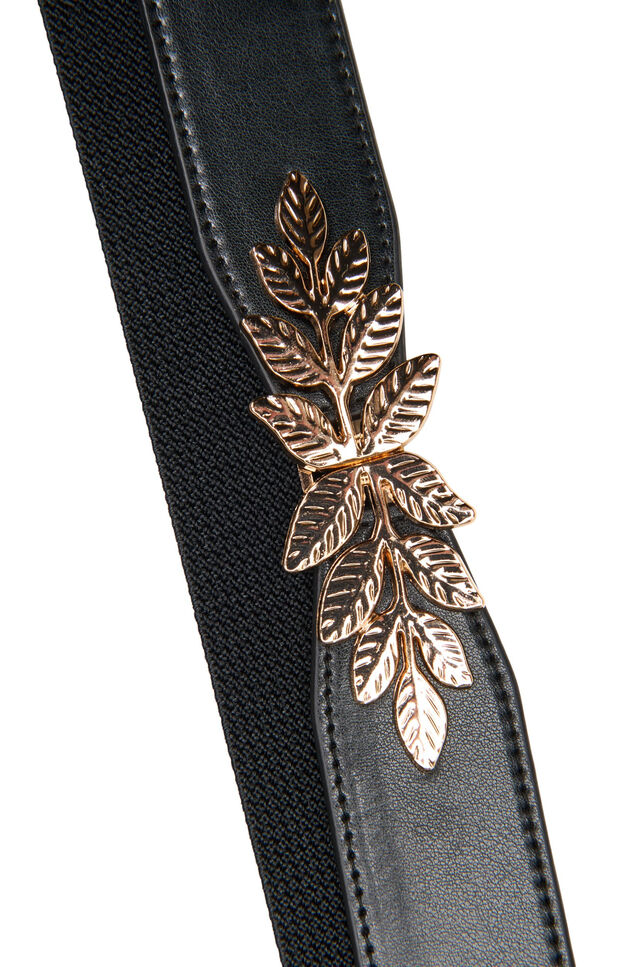 Smalle taille riem met een bladvormige gesp, Zwart, Packshot image number 1