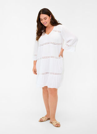 Viscose jurk met a-lijn en kanten lint, White, Model image number 2