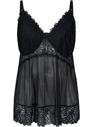 Pyjama jurk in mesh en kant, Black