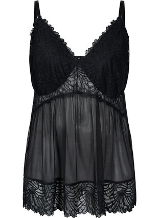 Pyjama jurk in mesh en kant, Black, Packshot image number 0
