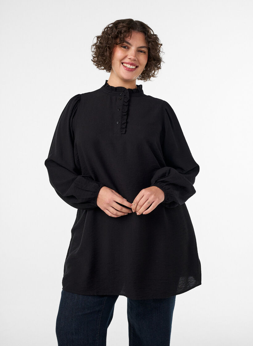 Viscose tuniek met ruches en knopen, Zwart, Model image number 0