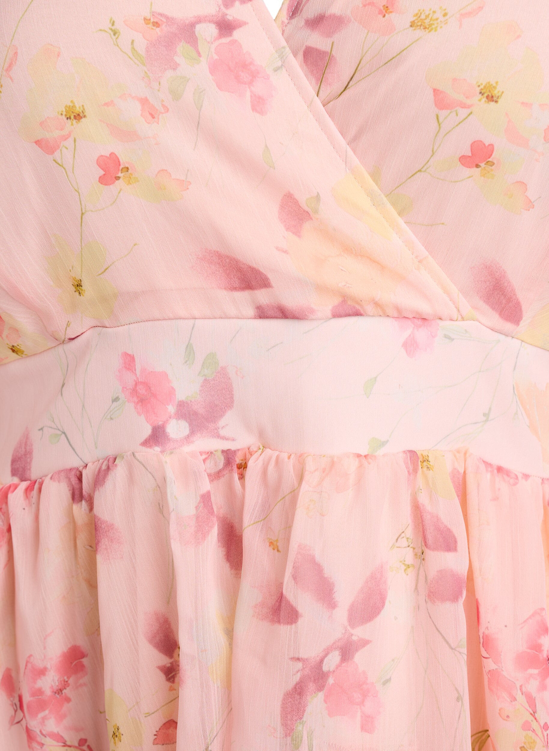 Zizzi Bloemen midijurk in chiffon met een gesmokte taille, Oranje, Packshot image number 2