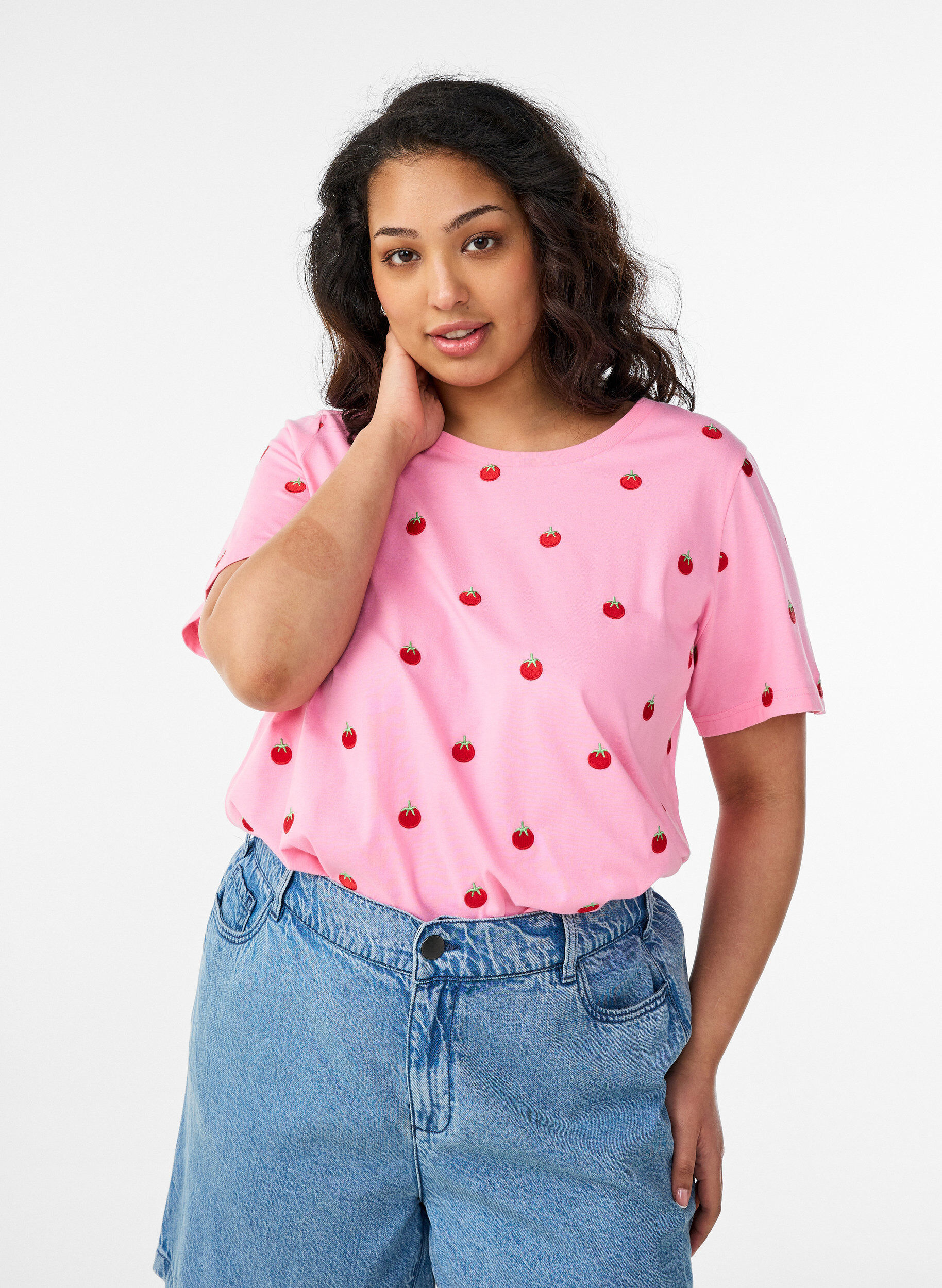 ZizziT-shirt in biologisch katoen met geborduurde motieven, Roze, Model image number 0