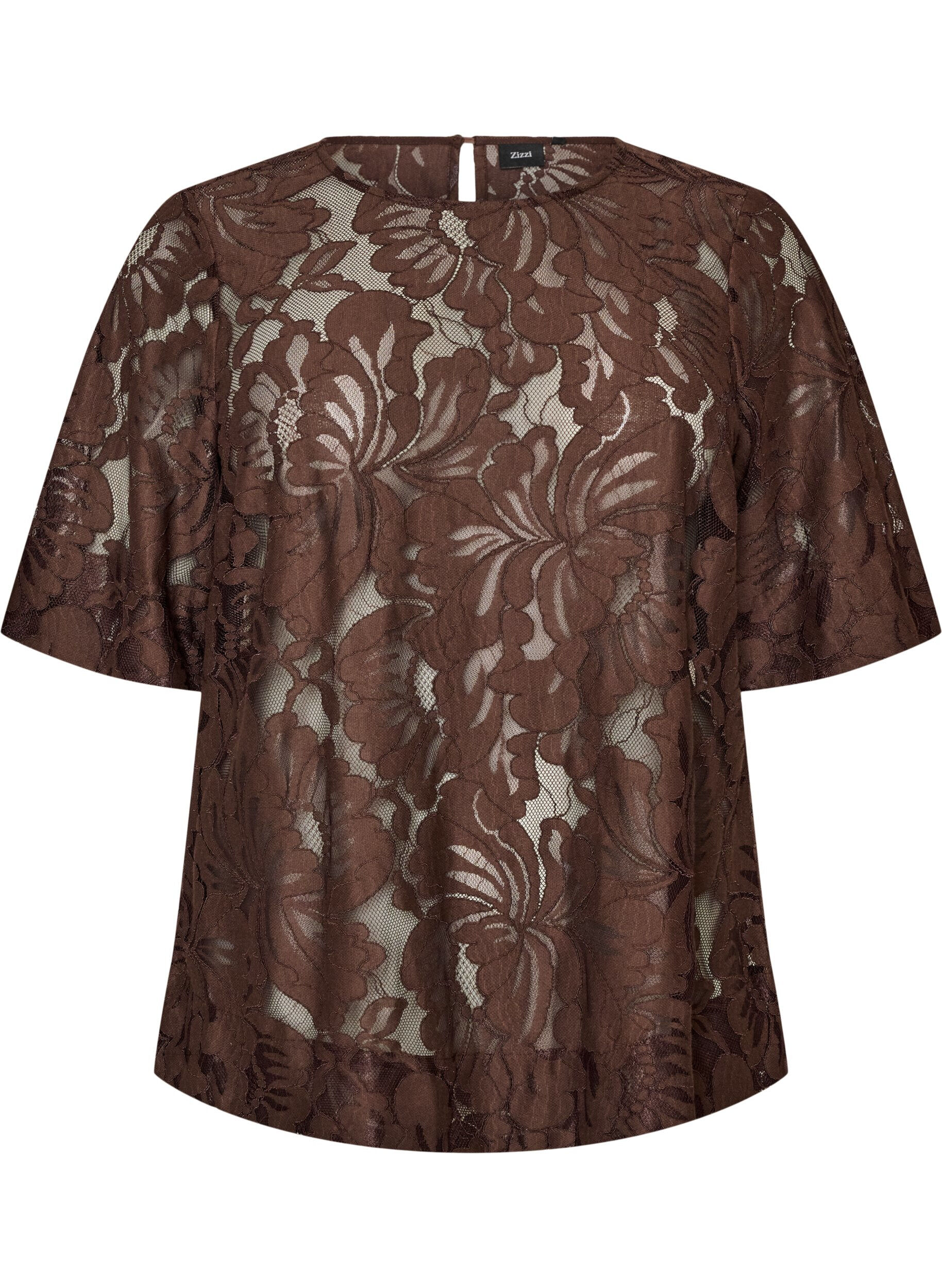 ZizziKanten blouse met korte mouwen, Bruin, Packshot image number 0