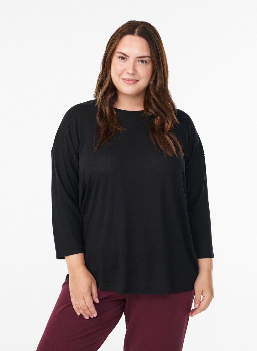 Jersey blouse met 3/4 mouwen, Zwart, Model image number 0