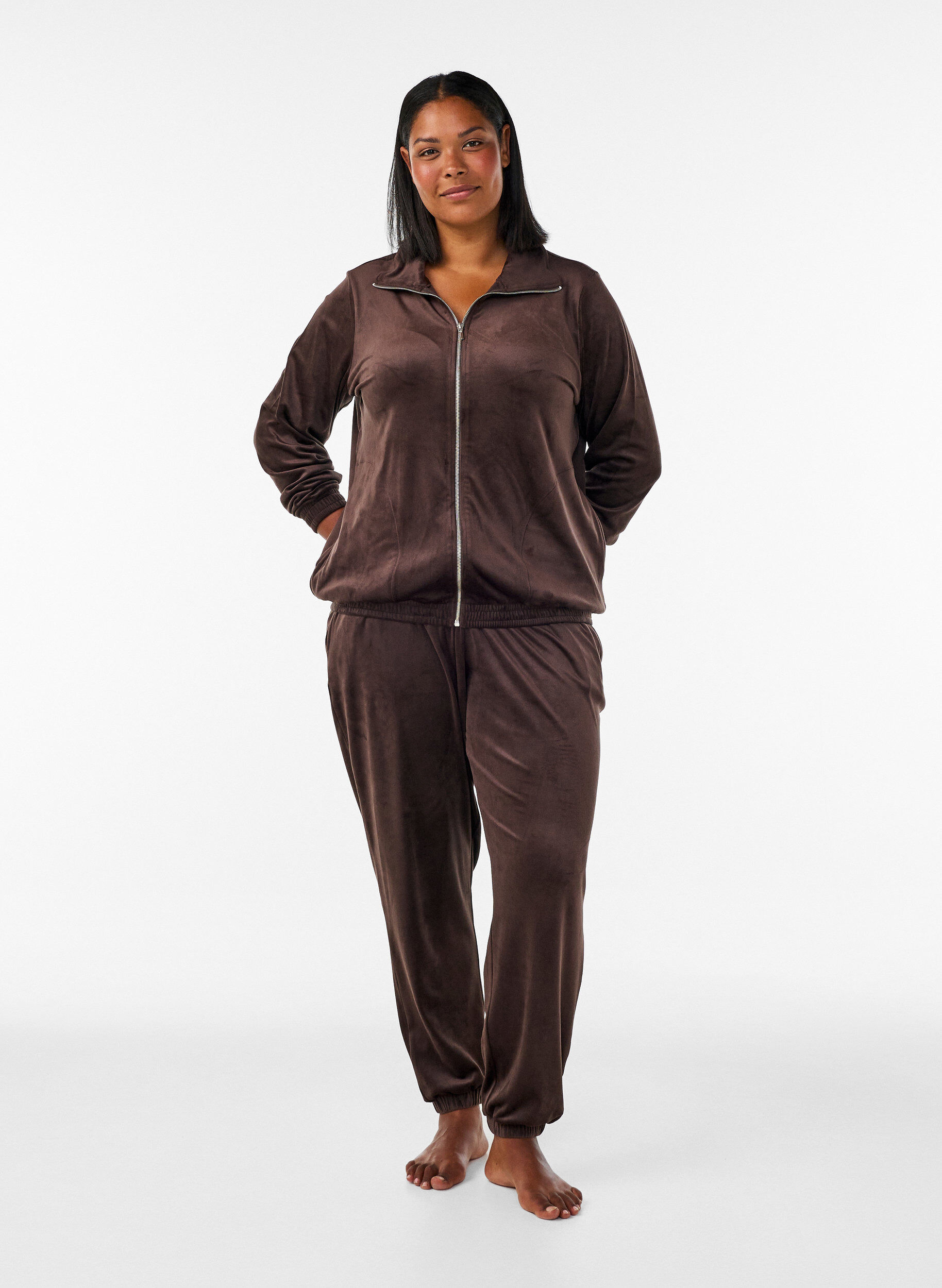 ZizziZachte velours cardigan met rits en hoge kraag, Bruin, Model image number 1