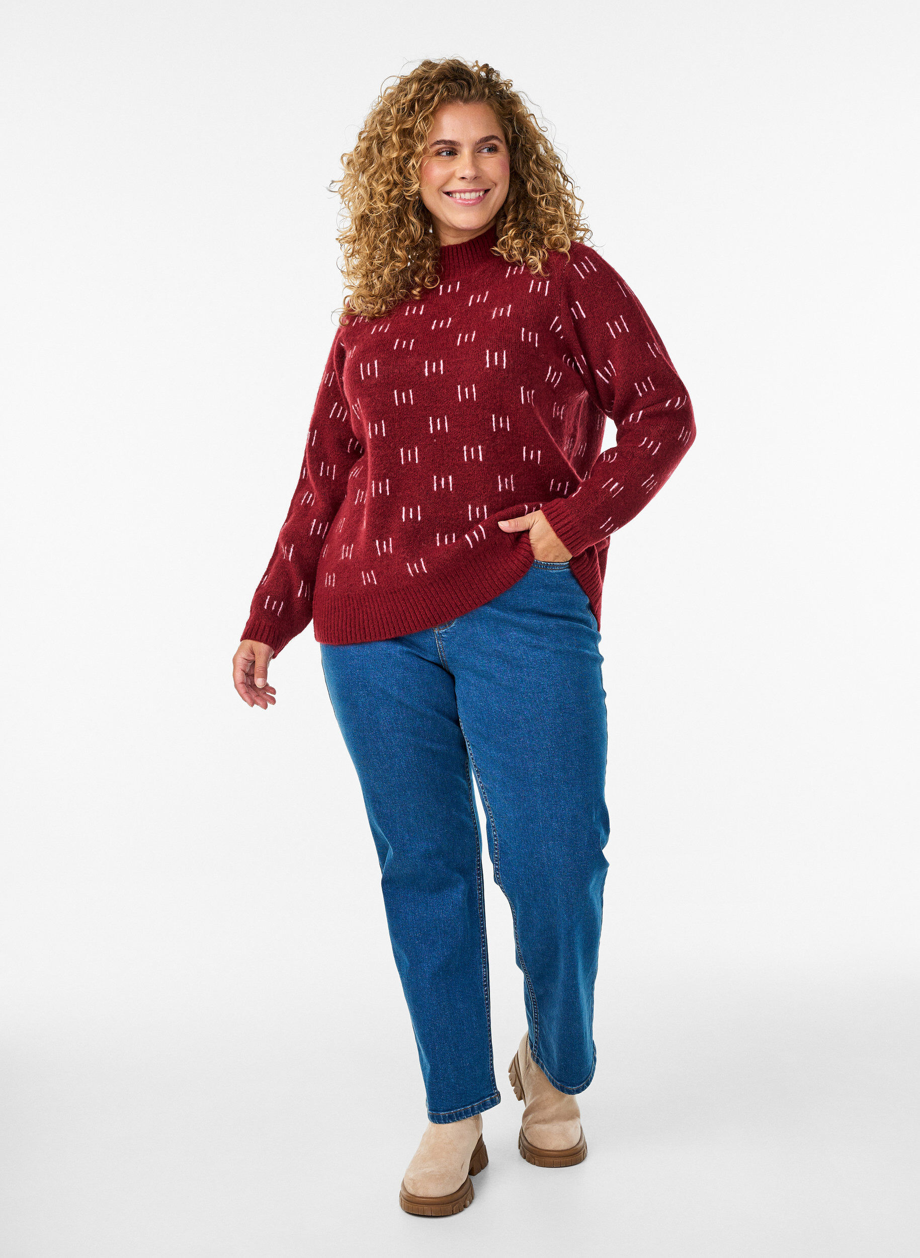 Zizzi Patroon gebreide top met een hoge hals, Donker Bordeaux, Model image number 1