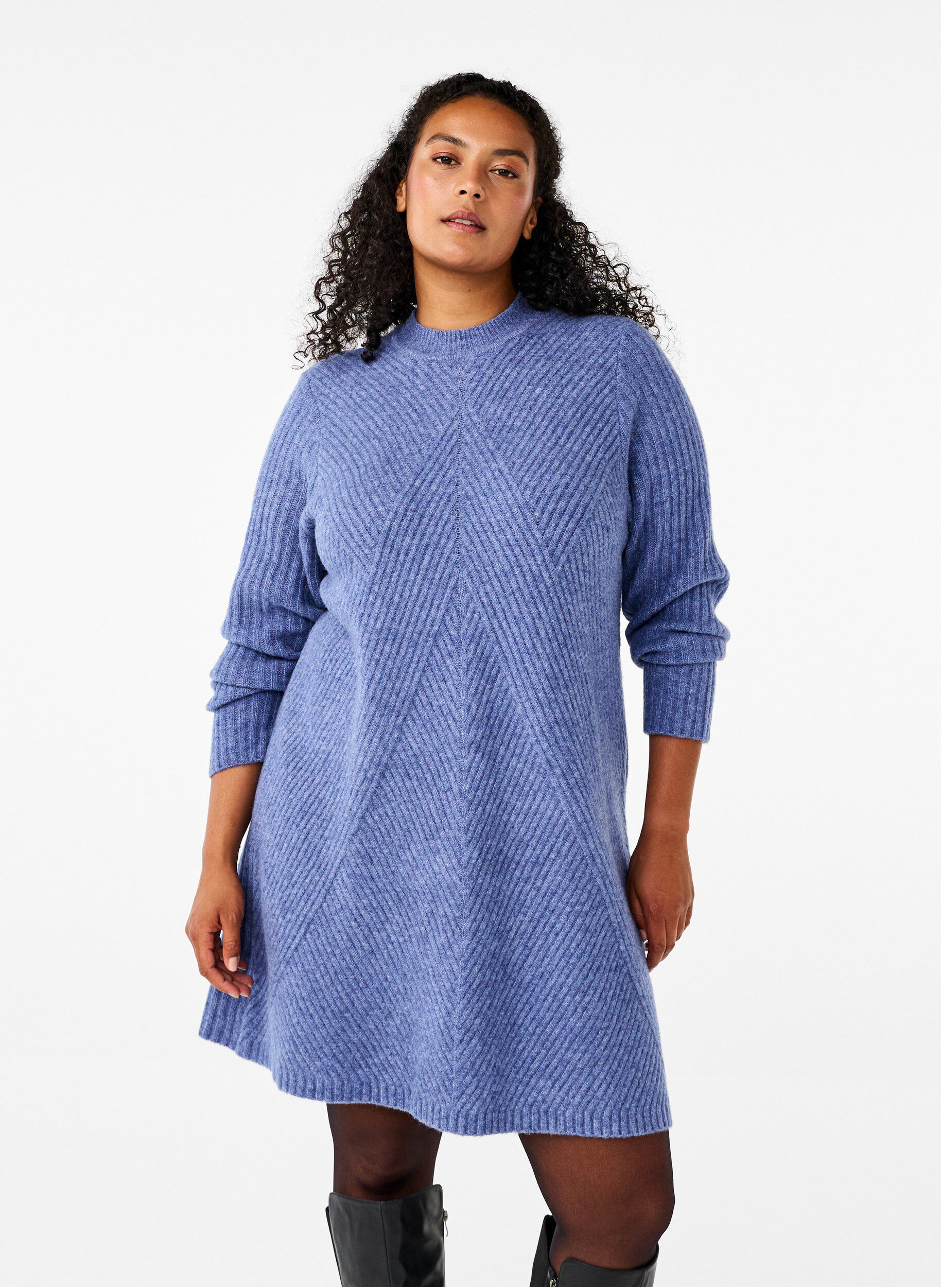 Zizzi Korte geribde jurk met ronde hals, Grey Blue Mel., Model image number 0
