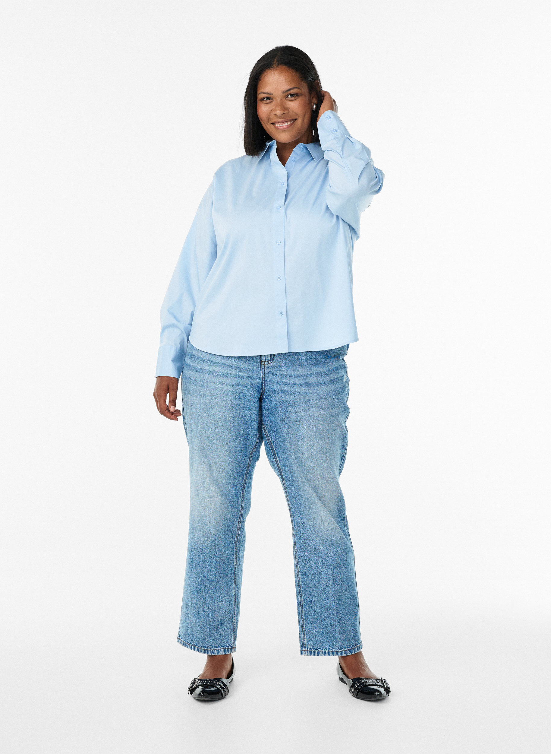 Zizzi Klassiek katoenen shirt met een losse pasvorm, Blauw, Model image number 1