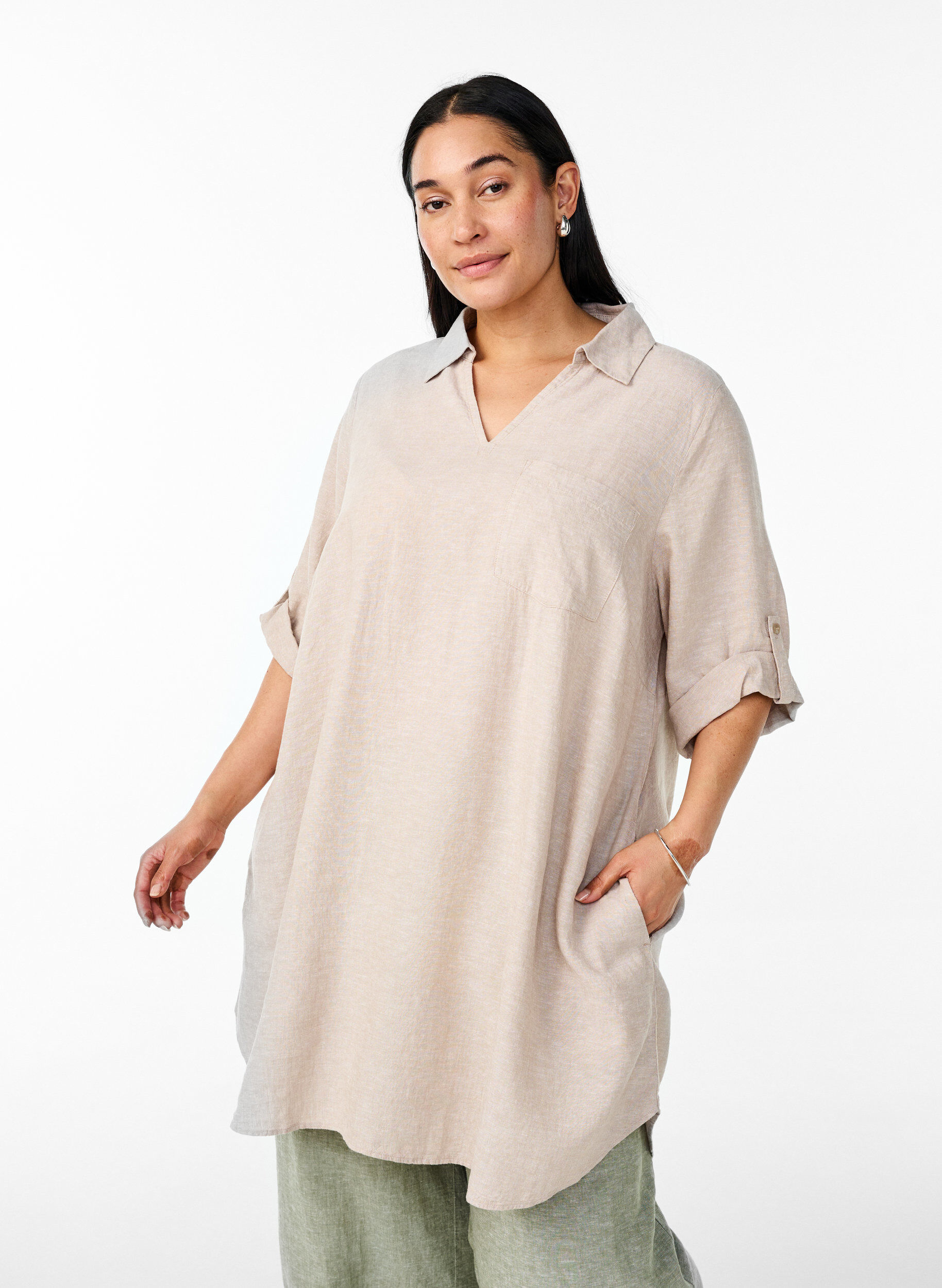 Zizzi Tuniek van linnen en viscose met A-vorm, Beige, Model image number 0