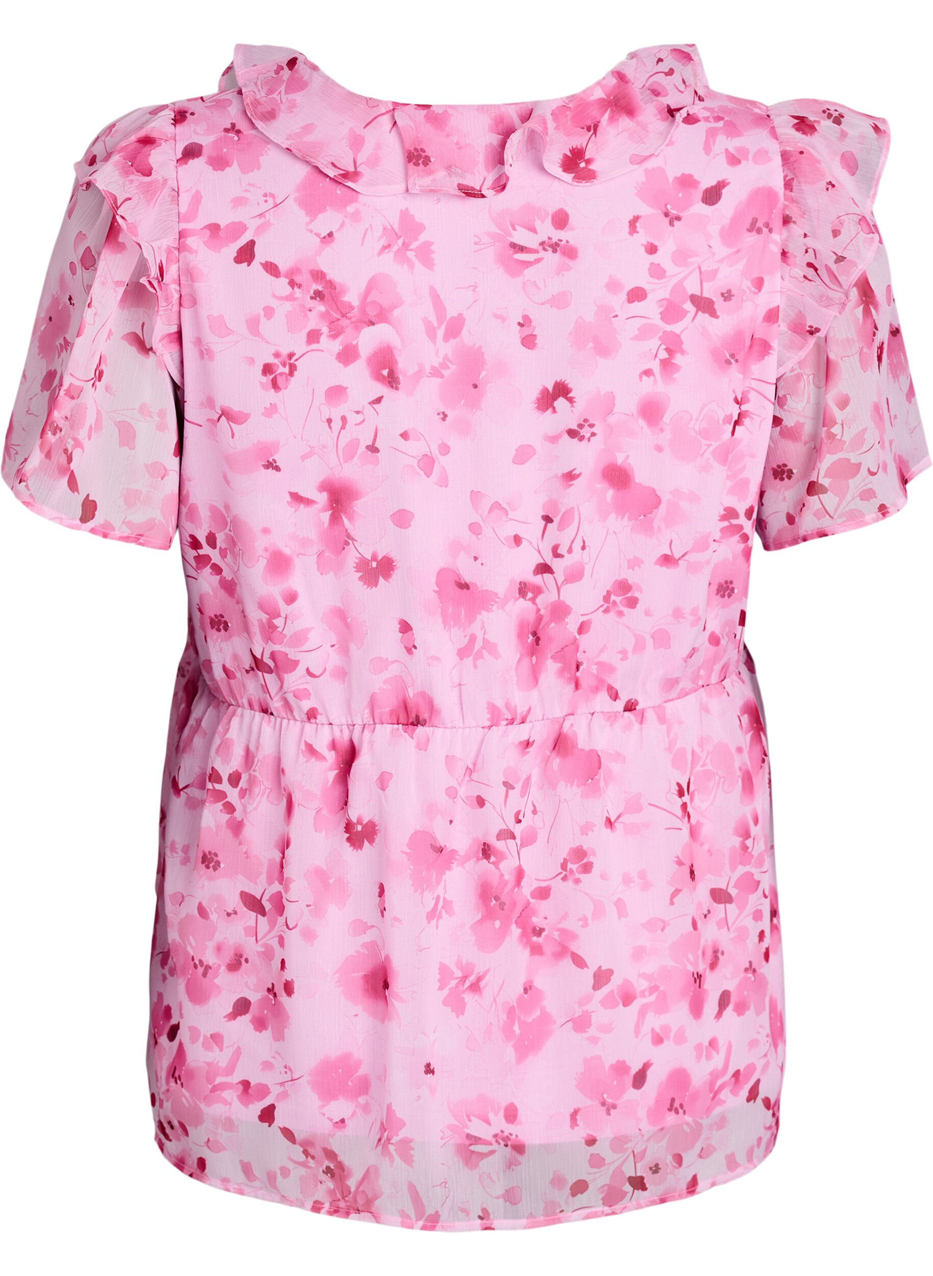 Zizzi Bloemenblouse met rucheskraag en peplum effect, Roze, Packshot image number 1