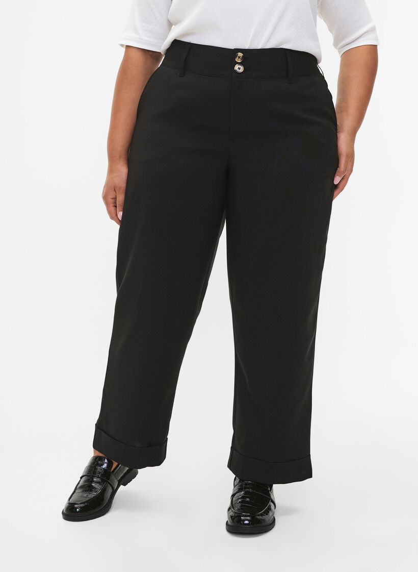 Broek met hoge taille en omslag, Black, Model image number 2