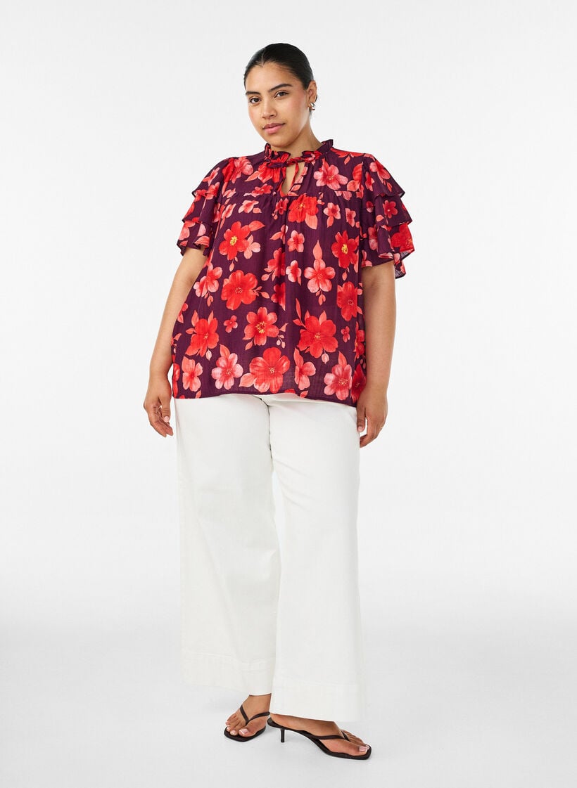Floral viscose blouse met ruches mouwen, Paars, Model image number 1