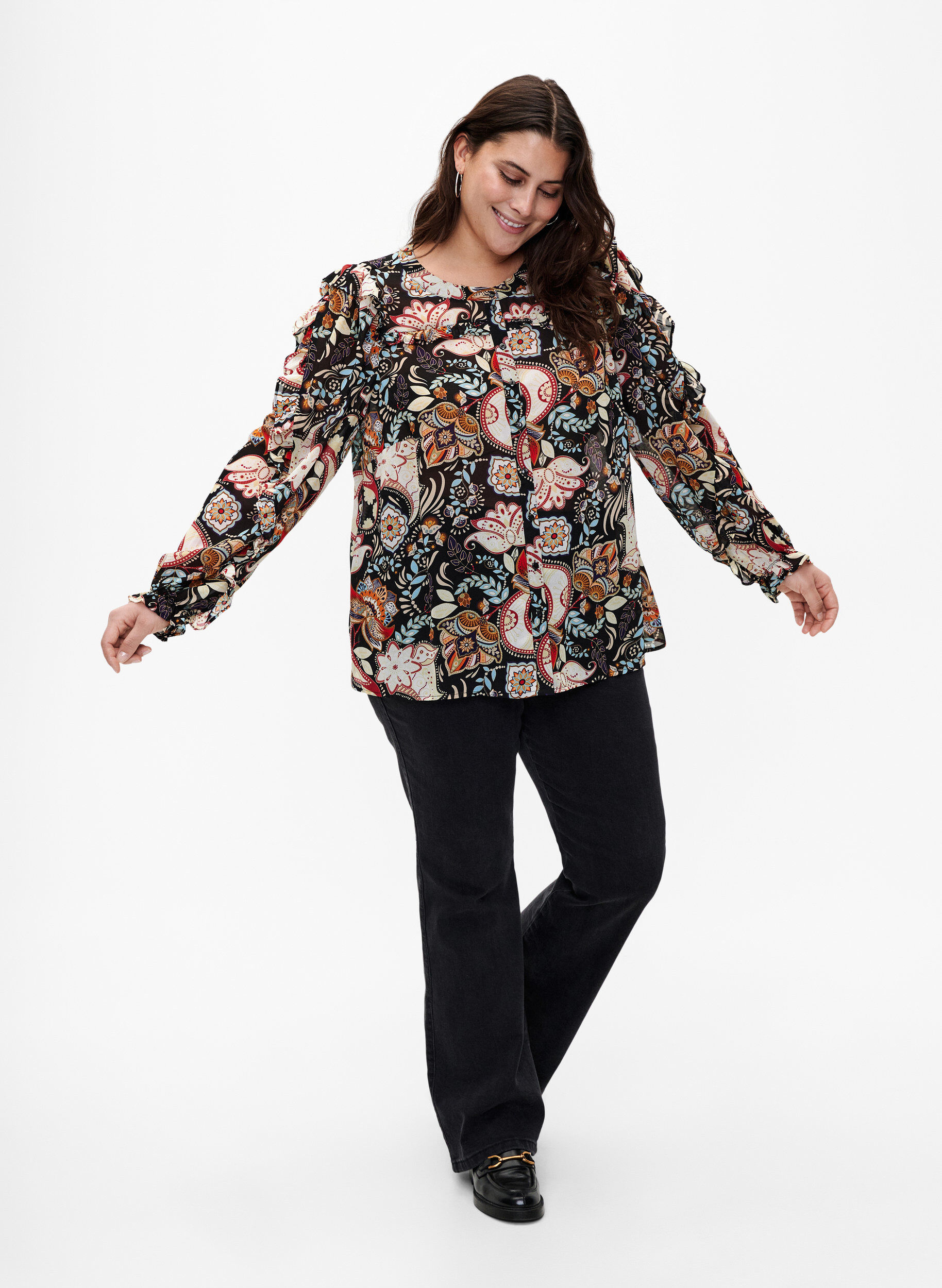 Zizzi Shirt blouse met ruches en paisleyprint, Black Paisley, Model image number 3