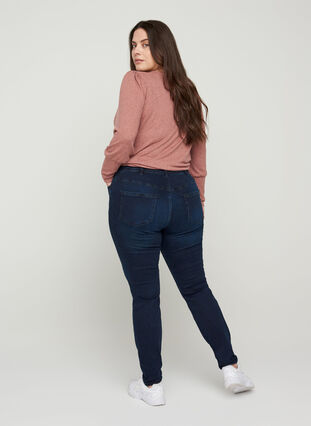 Super slim Amy jeans met hoge taille, Dark blue denim, Model image number 1